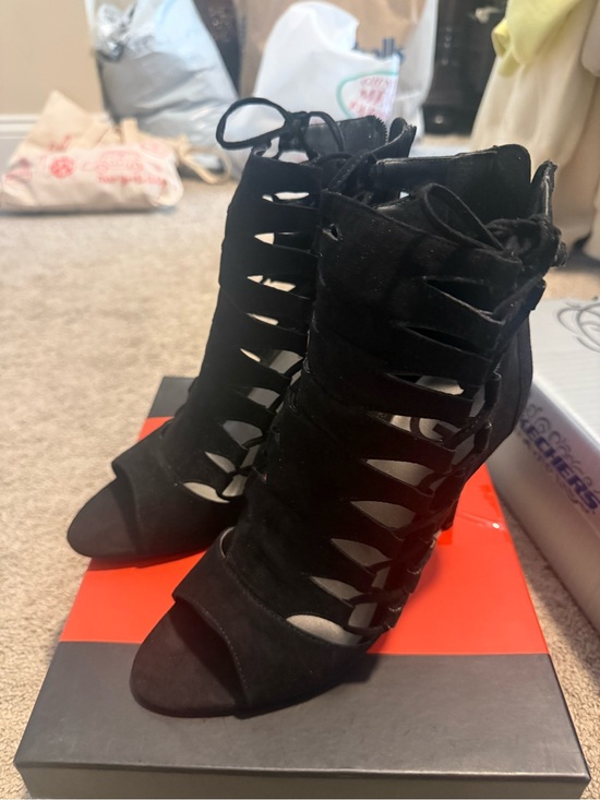 G by Guess Shoes - G by Guess Black Cutout Lace-Up Peep Toe Heels